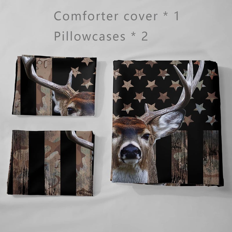 HOSIMA Deer Hunting Bedding Sets,Deer and American Flag Duvet Cover for Hunter Bedroom Decor with 2 Pillowcases Camouflage Bedding Sets for Adult Teen boy Bedding. - Image 4
